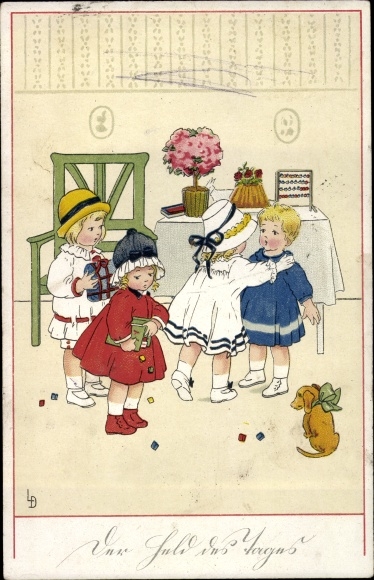 Artist Postcard Döring, Lia, children, cake, dog, Meissner and book