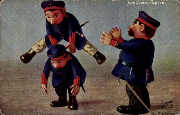 Kunstenaarskaart Hildebrandt, Fritz, twee zeurders, soldatenpoppen, haasje over, Tuck 516