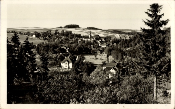 Postcard Wurzbach in Thuringia, black and white photo of Wurzbach with trees in the foreground, houses in the...