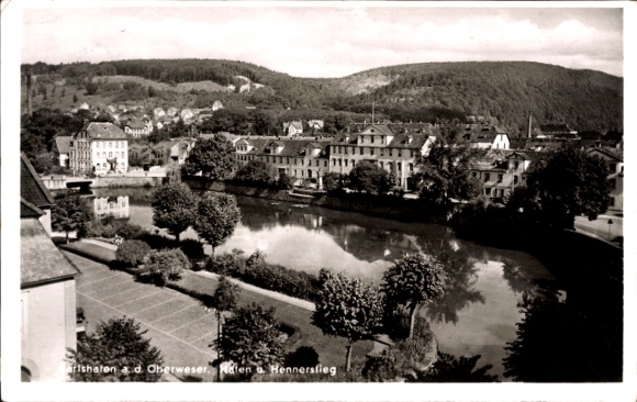 Postcard Bad Karlshafen on the Weser, view of the Weser, mountains in the background, calm waters