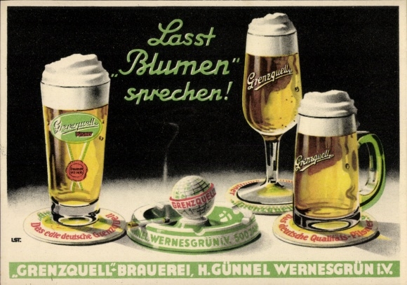 Postcard Let flowers speak, beer glasses, advertising, Grenzquell Brewery Wernesgrün, H. Günnel