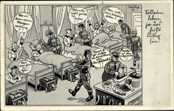 Artist PC Barlog, soldier's life means being funny, Wehrmacht, officer, bedroom, WWII