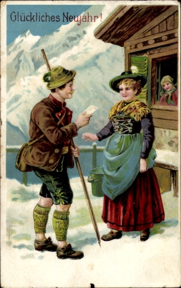 Chromo-Litho Happy New Year, postman with letter, Bavarian costumes