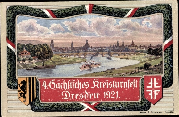Artist coat of arms PC Dresden, 4th Saxon district gymnastics festival 1921, city view from the small forest castle