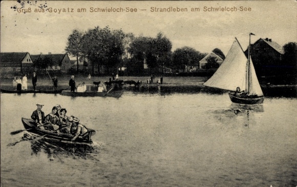 Postcard Goyatz Schwielochsee in Lower Lusatia, beach life at the lake, boats