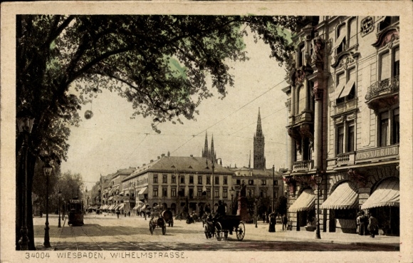 Postcard Wiesbaden in Hesse, Wilhelmstraße, tram line 6, Nassauer Hof