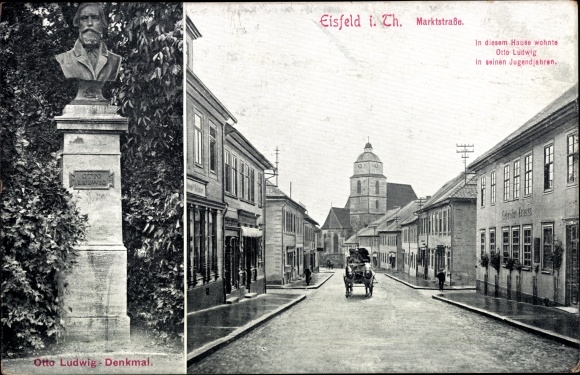 Postcard Eisfeld in Thuringia, Marktstrasse, Otto Ludwig Monument