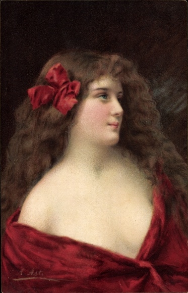 Artist Postcard Asti, Angelo, portrait of a woman in a red dress, bow in her hair