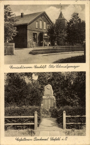 Postcard Seefeld in Oldenburg Stadland, general store, war memorial