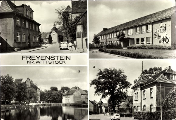 Postcard Freyenstein Wittstock Dosse, Wittstocker Straße, Wilhelm Pieck Oberschule, Schlossteich