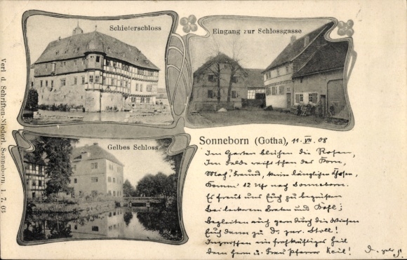 Passepartout Ak Sonneborn Thüringen, Schieferschloss, Schlossgasse, Gelbes Schloss