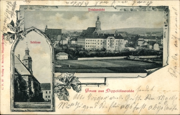 Postcard Dippoldiswalde in the Ore Mountains, total view, castle