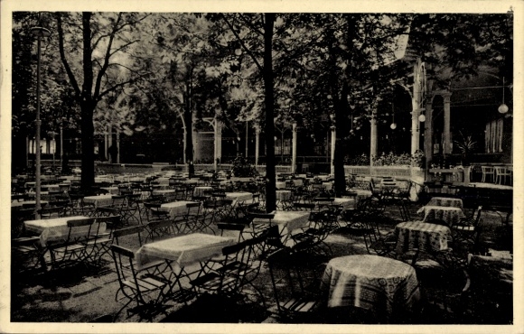 Ak Braunschweig in Niedersachsen, Kellerbiergarten, viele Tische und Stühle unter Bäumen, Schatte