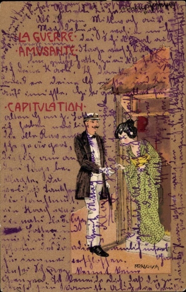 Ak La Guerre Amusante, Kapitulation, Kaiser Wilhelm II., Japanerin