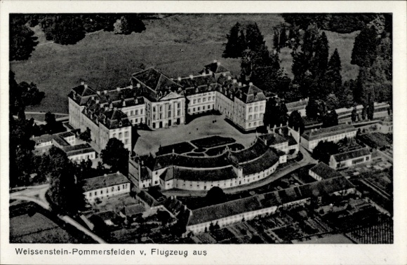 Postcard Pommersfelden in Upper Franconia, aerial photograph Weißenstein