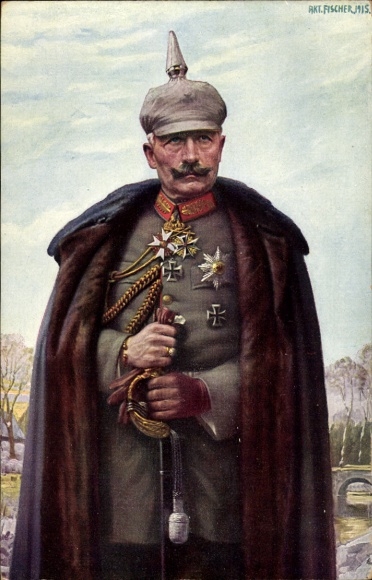 Artist Postcard Fischer, Art., Kaiser Wilhelm II, portrait in uniform, coat, spiked helmet