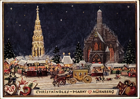 Artist PC Schiener, K., Nuremberg, Christkindles market, Christmas market stalls, stagecoach