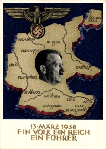 Postal stationery Postcard Klein, One people, one empire, one leader, Anschluss of Austria 1938, Greater Germany