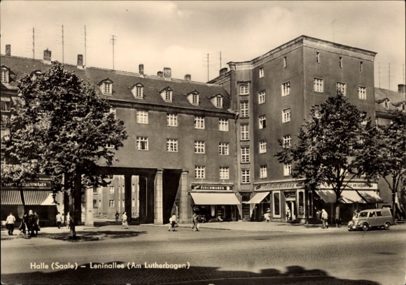 Postcard Halle an der Saale, Leninallee, Am Lutherbogen, shops, 60 years of Volkspark
