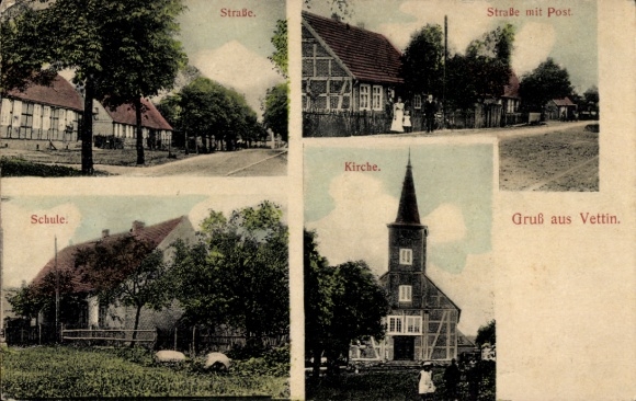 Postcard Vettin Groß Pankow in der Prignitz, church, school, post office, street section