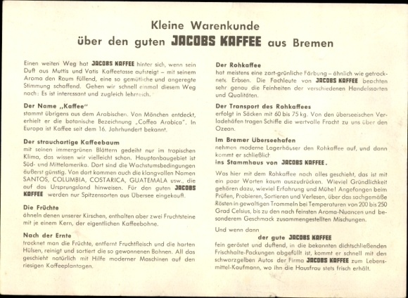 Timetable JACOBS Kaffee, Bremen, product information around 1950