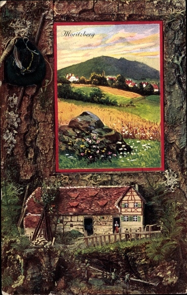 Passe-partout kunstenaarskaart met reliëf Moritzberg Röthenbach an der Pegnitz, dorpsmotief