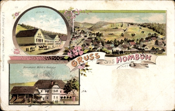 Ak Hlubočky Hombok Region Olmütz, Gesamtansicht, Schule, Hansmann Mühle