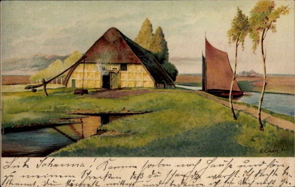 Artist Postcard Worpswede in Lower Saxony, farmhouse, sailing boat