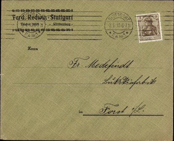 Briefumschlag Stuttgart in Baden Württemberg, Ferd. Redwitz