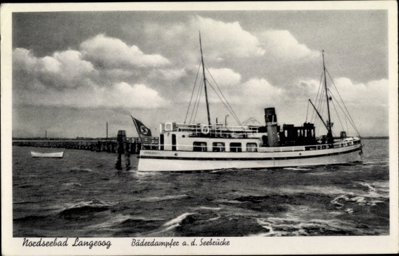 Postcard Nordseebad Langeoog East Frisia, North Sea ship, pier, clouds in the sky