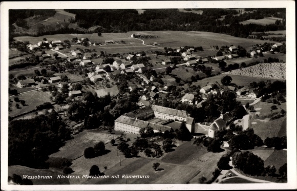 PC Wessobrunn in Upper Bavaria, monastery and parish church with Roman tower, aerial photograph