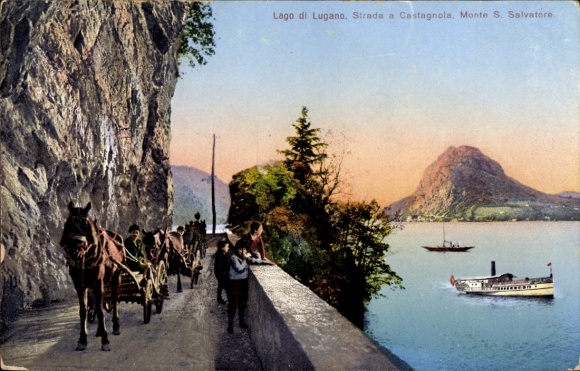 KP Lugano Kanton Ticino Szwajcaria, Jezioro Monte S. Salvatore, ulica z dorożką konną, malownicza