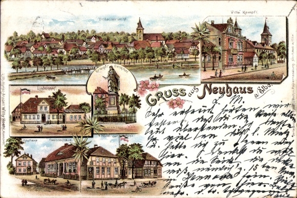Chromo-Litho Neuhaus an der Elbe, long shot, Villa Kampff, war memorial, Lindenhof, pastor's house