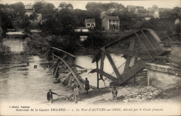 Postcard Auvers sur Oise Val d'Oise, destroyed, blown up bridge