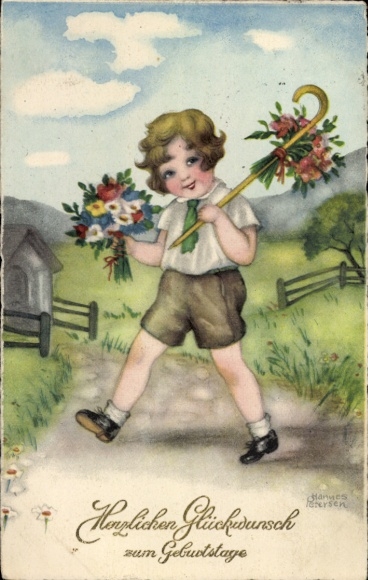 Kunstenaar Ak Petersen, Hannes, gefeliciteerd met verjaardag, kind met boeket bloemen