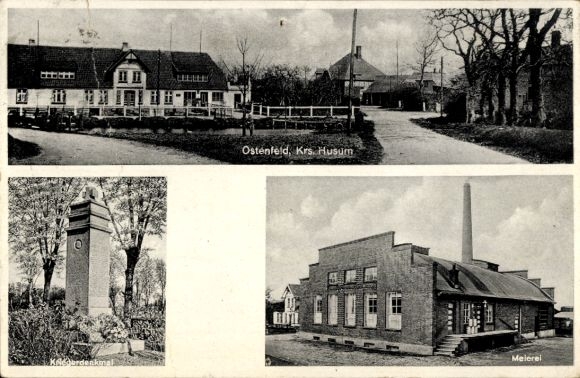 Ansichtkaart Ostenfeld bij Husum in Noord-Friesland, oorlogsmonument, melkveebedrijf