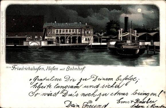 Mondschein Litho Friedrichshafen am Bodensee, Hafen, Bahnhof