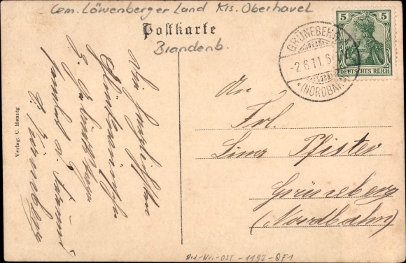 Postcard Grüneberg on the north railway, church, inn to the three lime trees, village street