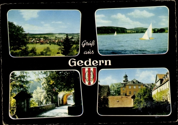 Postcard Gedern in Hesse, coat of arms, partial views, bridge, castle, sailing boat