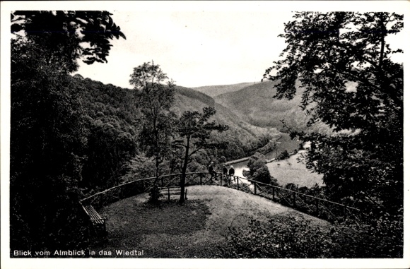 Postcard Rengsdorf in the Westerwald, view from the Almblick into the Wiedtal, landscape, trees, hikers