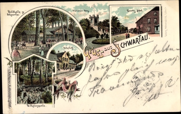 Litho Bad Schwartau in Ostholstein, Geertz Hotel, Waldhalle, Bahnhof, Pariener Berg