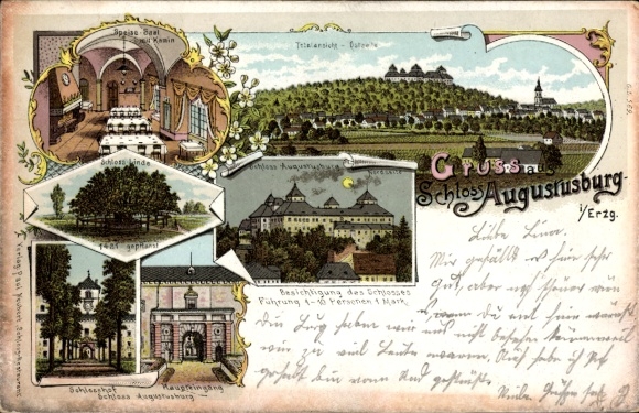 Litho Augustusburg im Erzgebirge, Totalansicht, Schloss, Linde, Speisesaal, Schlosshof