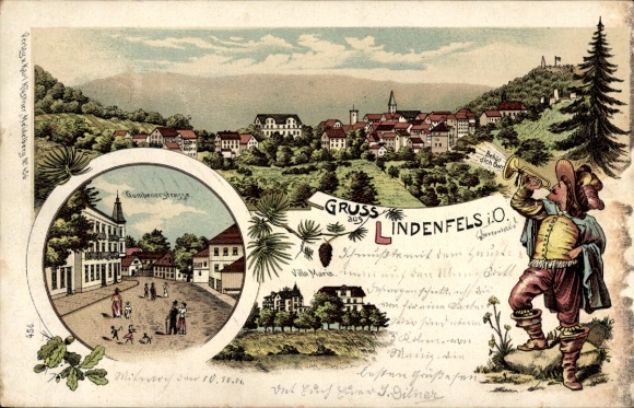 Chromo-Litho Lindenfels in the Odenwald, view of the village, Villa Maria, Trumpeter of Säckingen