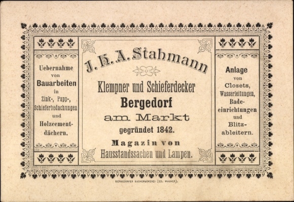 Ak Hamburg Bergedorf, Stahmann loodgieters en leien dakdekkers