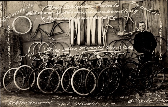 Photo Postcard Crimla in the Greiz district of Thuringia, bicycle shop Arno Schleicher, advertising