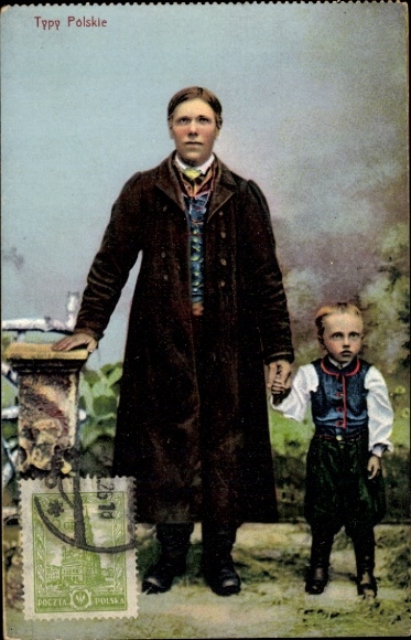 Postcard man and boy in Polish folk costumes