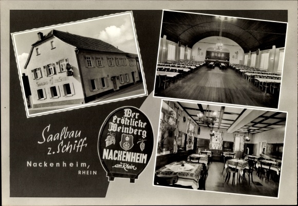 PC Halsheim am Rhein, Saalbau z. Ship, exterior and interior view