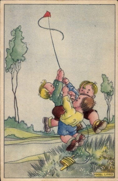 Artist Postcard Links, Karel, children flying a red kite