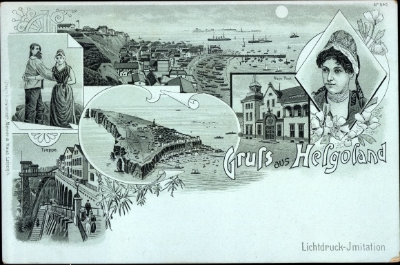 Moonlight Chromo-Litho North Sea island of Helgoland, costumes, total view, harbor, stairs, elevator