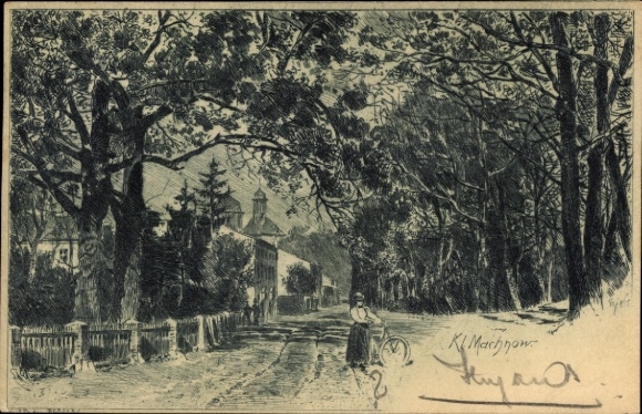 Artist Postcard Kleinmachnow in Brandenburg, local section, woman with bicycle